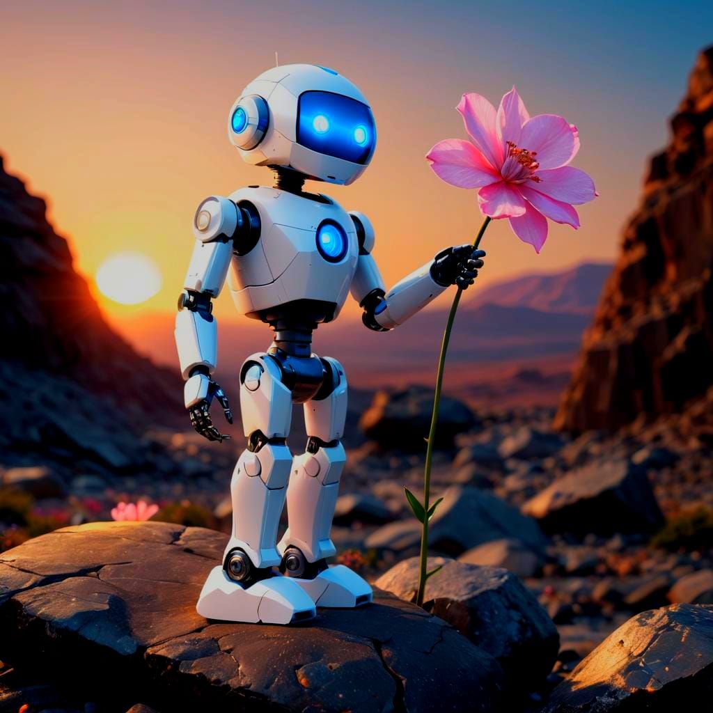 Sad Robot with Flower in Photorealistic Style