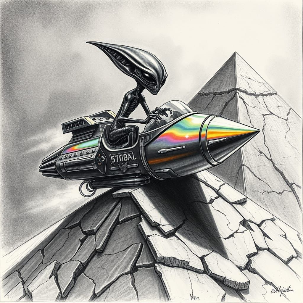 Alien Pilot on Crumbling Pyramid: Charcoal Drawing