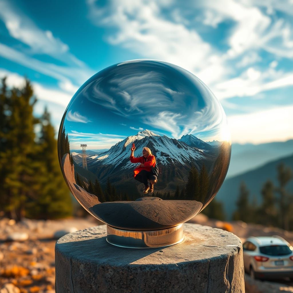 Mountain Landscape Reflected in Chrome Sphere