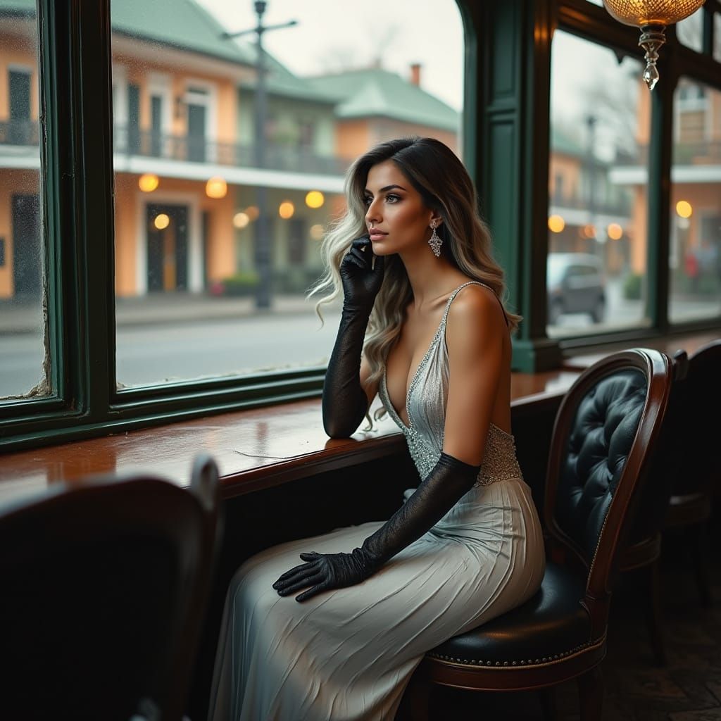 Elegant Woman in Silver Gown Overlooking Bourbon Street