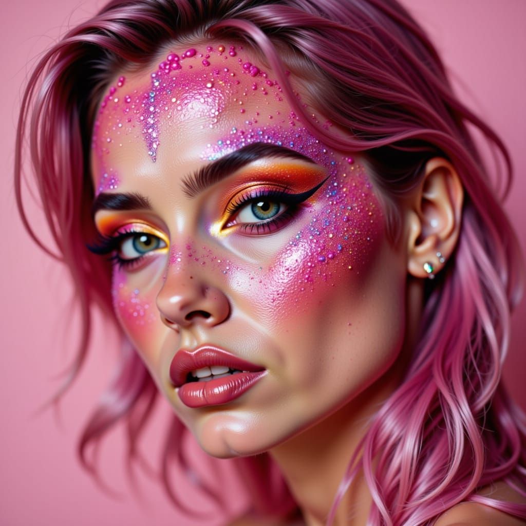 Lizard Queen in Pink Shimmer Makeup and Swimwear