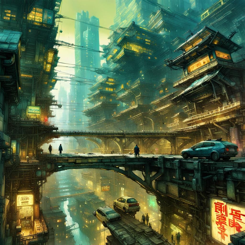 Cyberpunk Cityscape with Platforms, Bridges, and Walkways