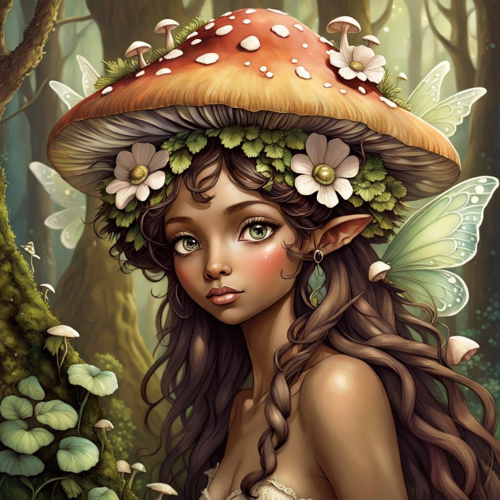 Whimsical Wood-Nymph Fairy in Mushroom Hat