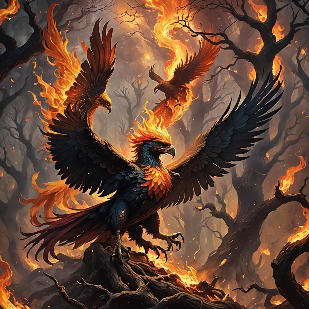 Majestic Fire Drake Phoenix Soaring in Dark Fantasy Realm