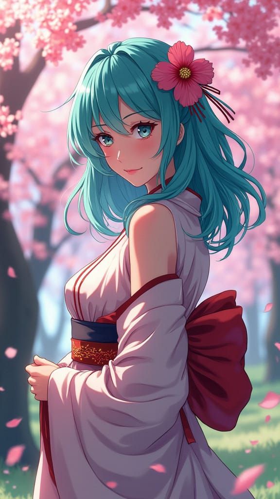 Serene Sakura Goddess in Vibrant Kimono