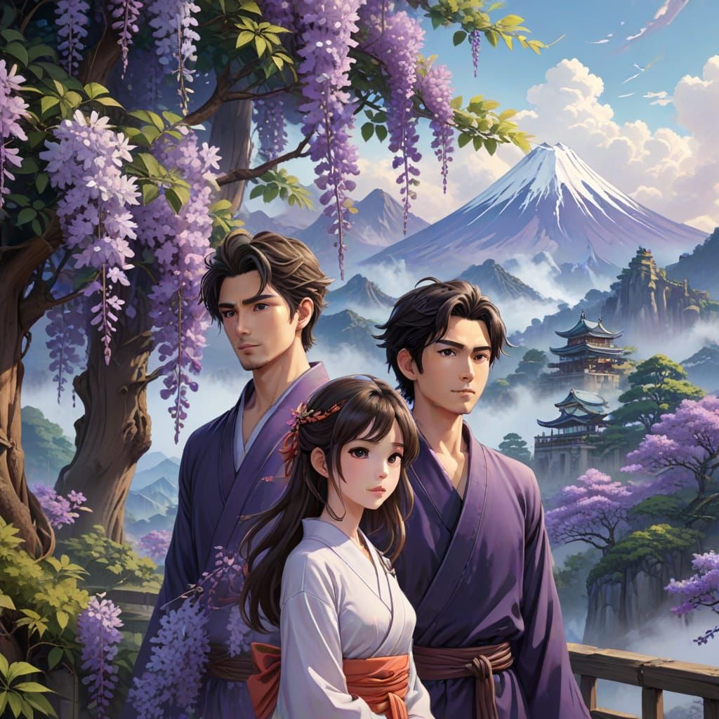 Anime Couple in Wisteria Garden Landscape