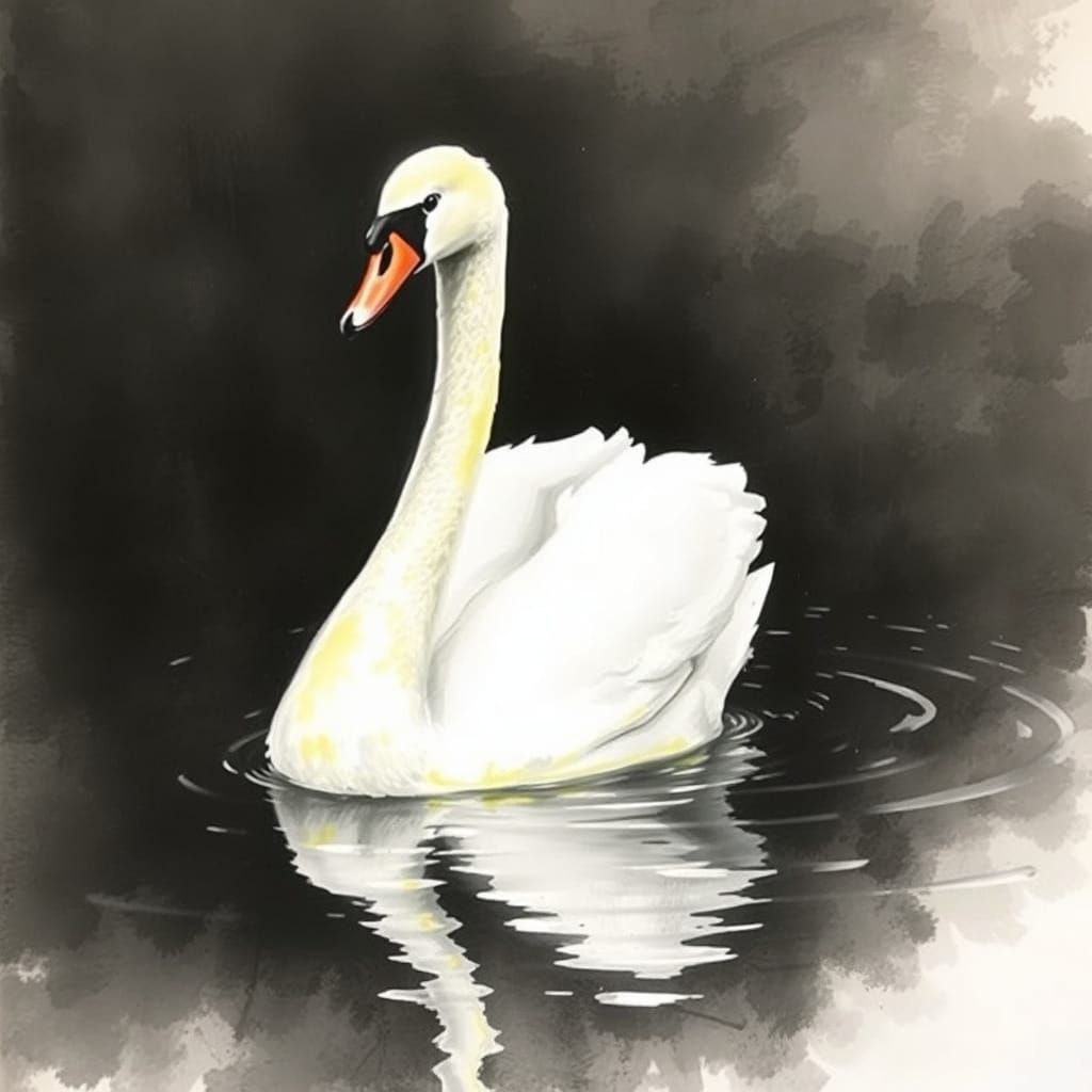Monochrome Swan in Charcoal Aquarelle Lithograph