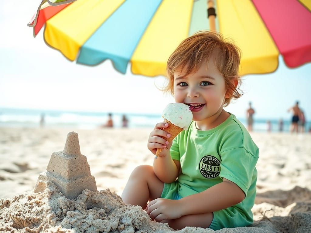 Colourful Beach Scene with Happy Child and Sandcastle