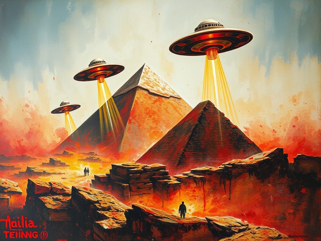 UFO Attack on Keops Pyramid in Oil Paint