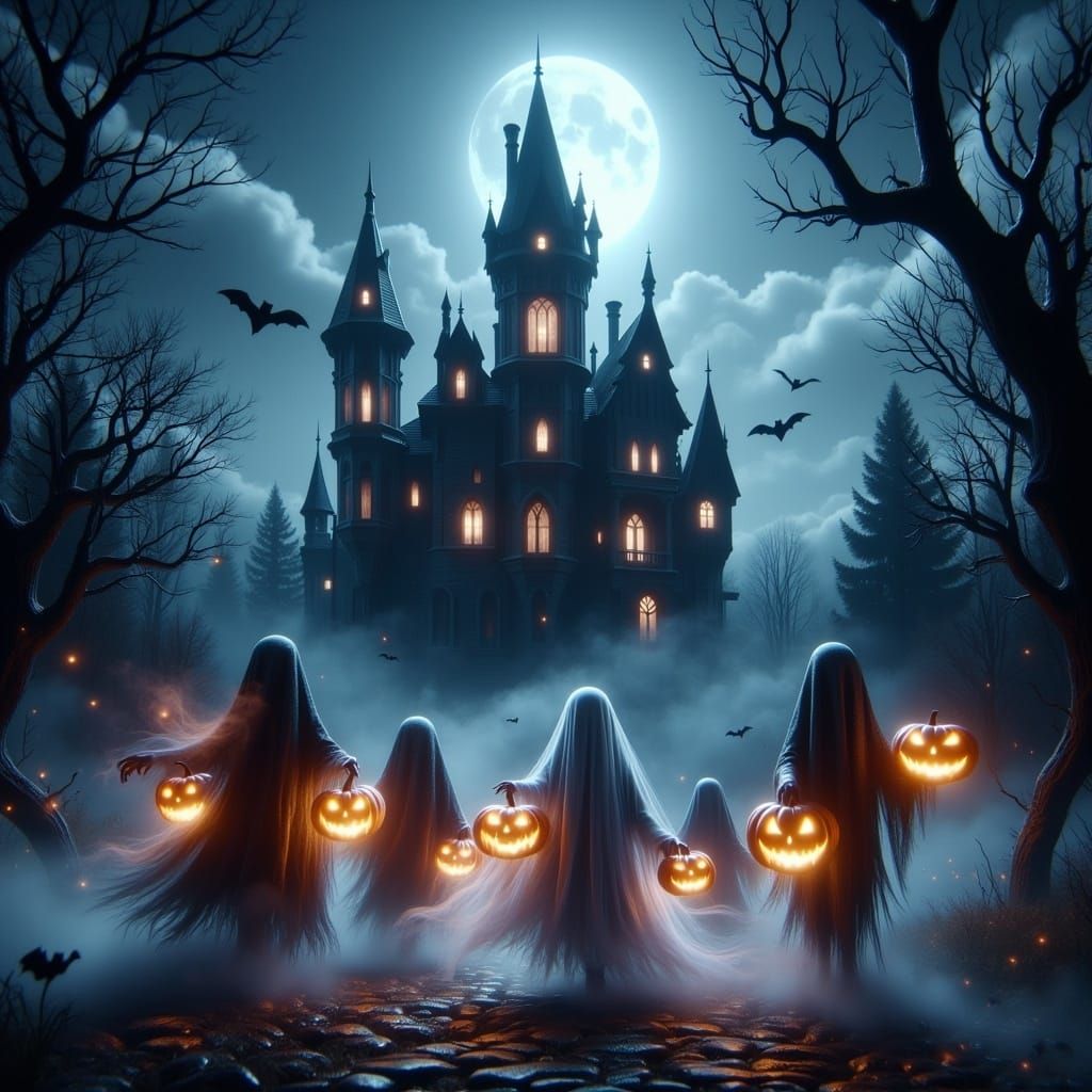 Halloween Trick-or-Treat at Haunted House in Mystical Realis...