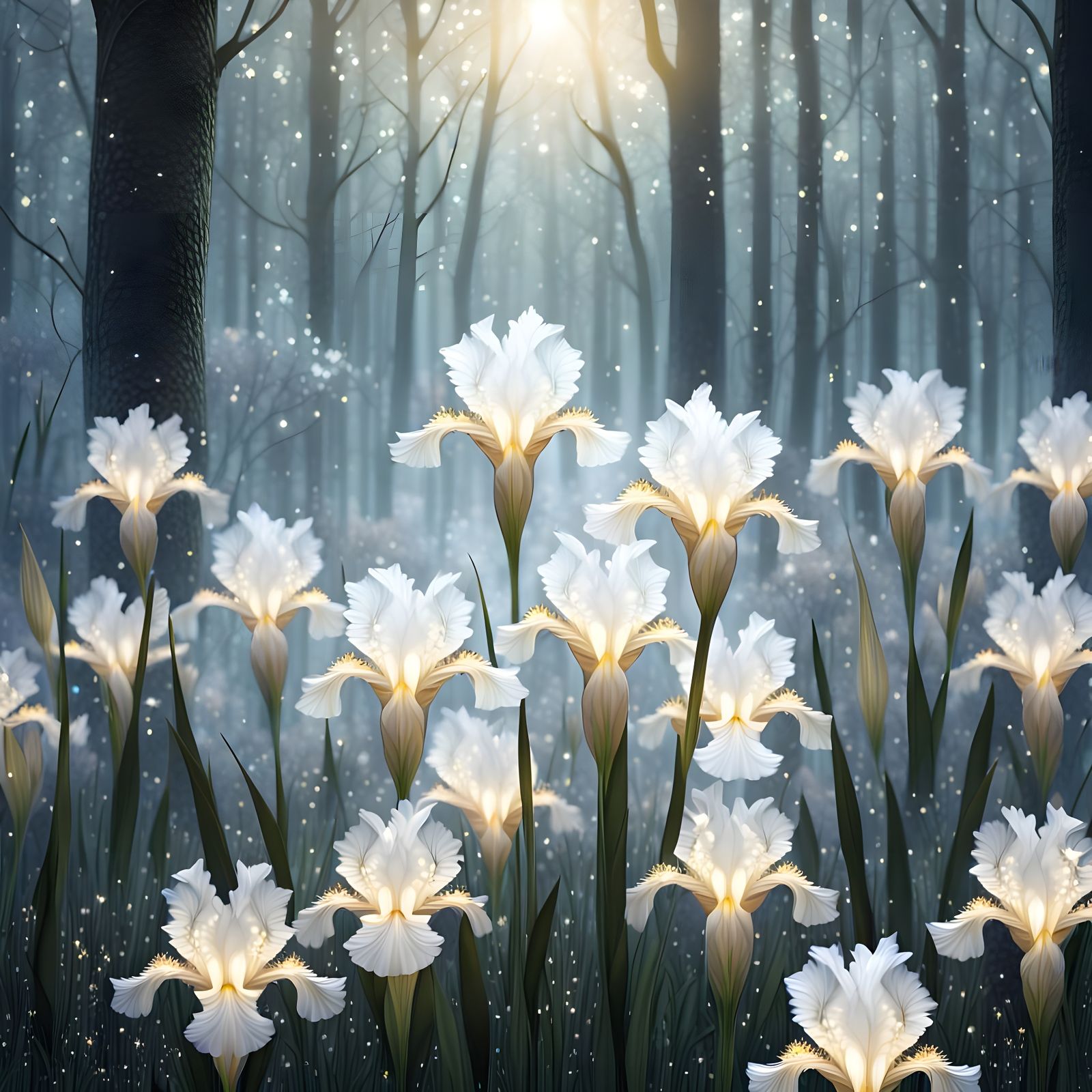 Crystal Irises Bloom in Magic Forest