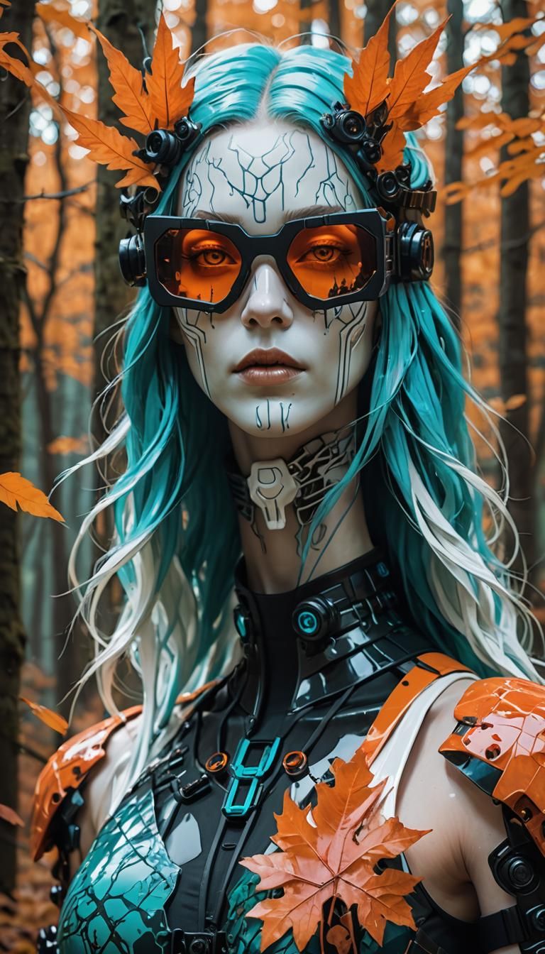 Cyberpunk Autumn Enchantress in Slavic Forest
