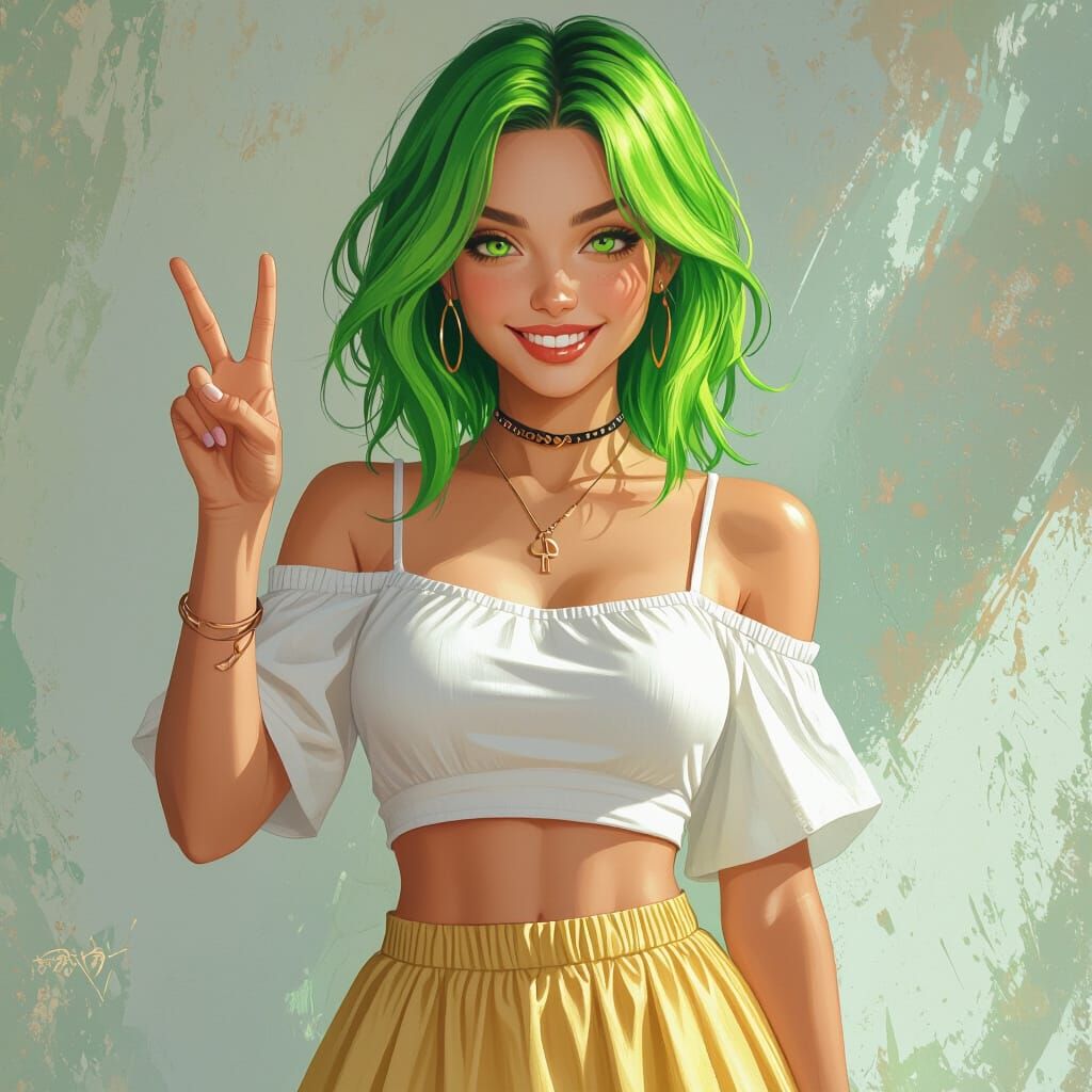 Green-Haired Woman Making Peace Sign: Hyperrealistic Portrai...