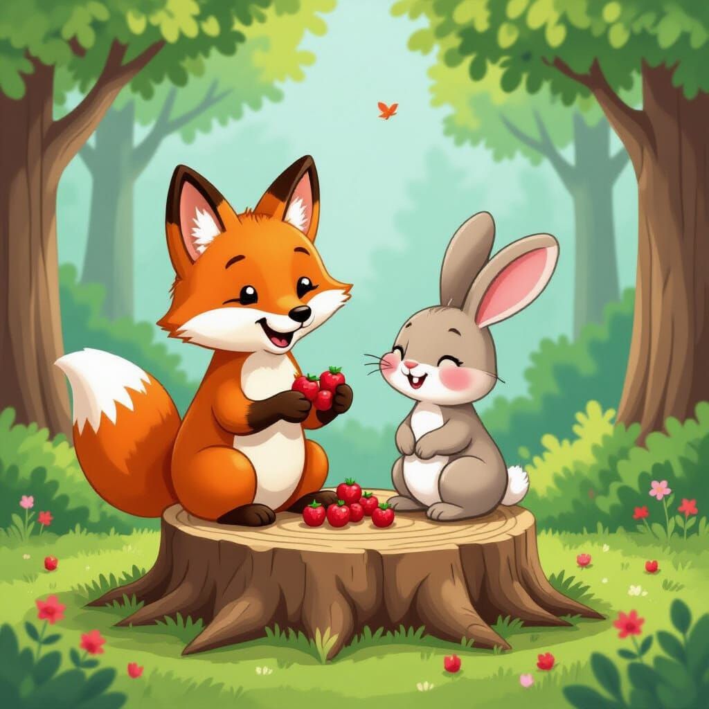 Fox and Rabbit Share Berries in Whimsical Forest