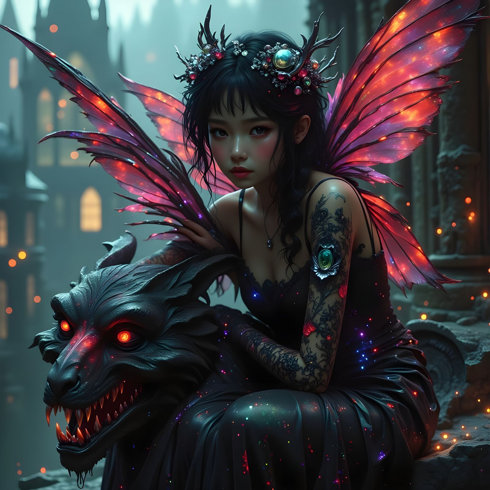 Gothic Fairy with Fire Agate Wings, Dark Fantasy Art