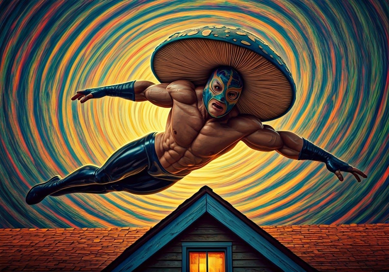 Mushroom Luchador Dives Off Roof in Vibrant, Impressionist S...