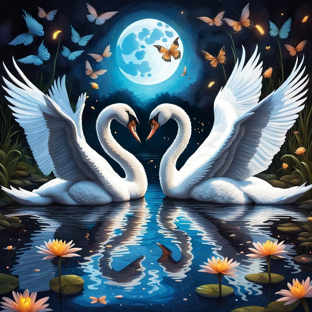 Majestic Swans in Moonlit Pond: Hyperrealistic Splash Art