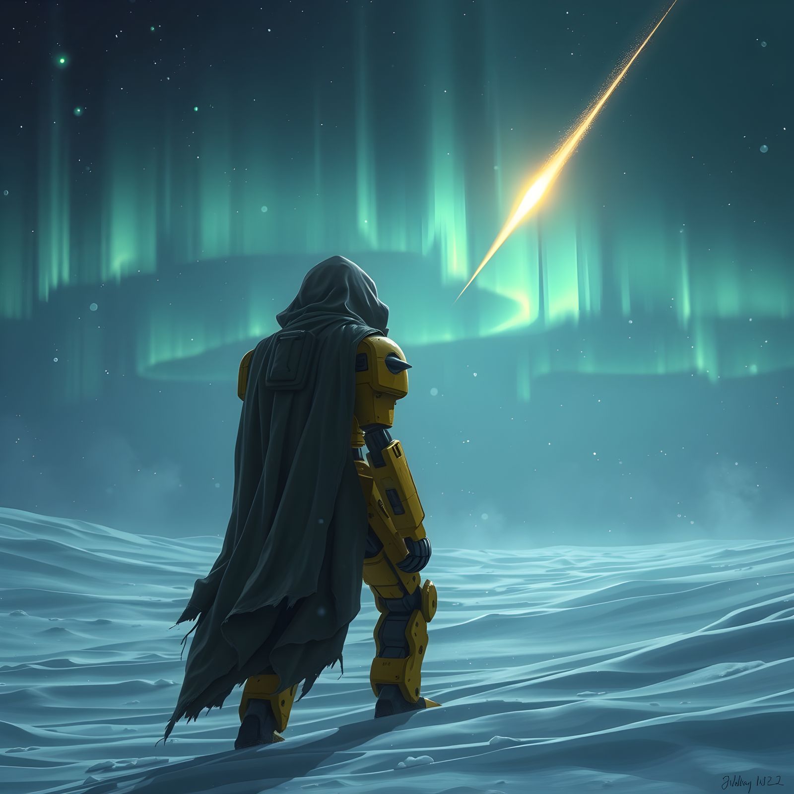 Aurora Borealis Robot in Sinister Snowstorm, Dark Fantasy Ar...