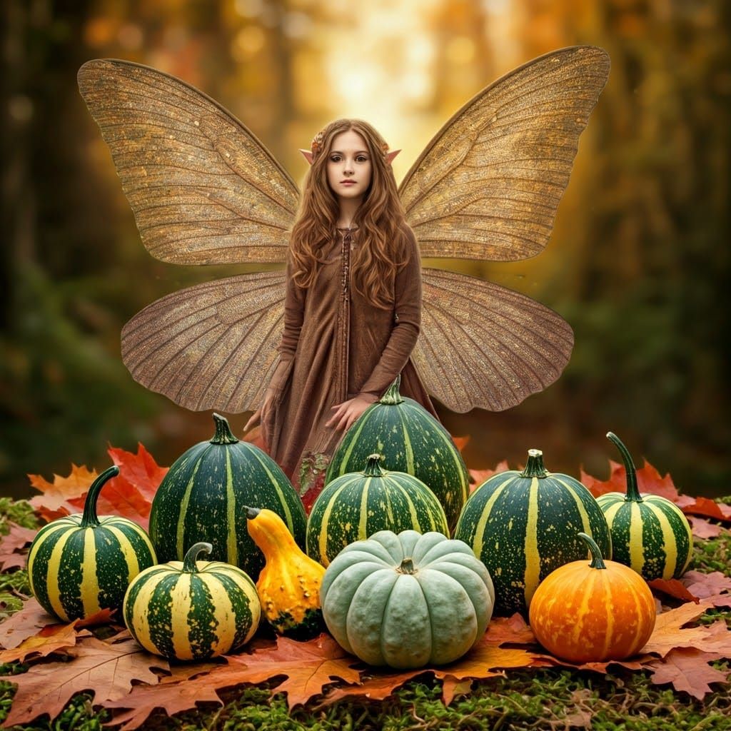Autumn Fairy Guarding Gourd Field in Organic Style