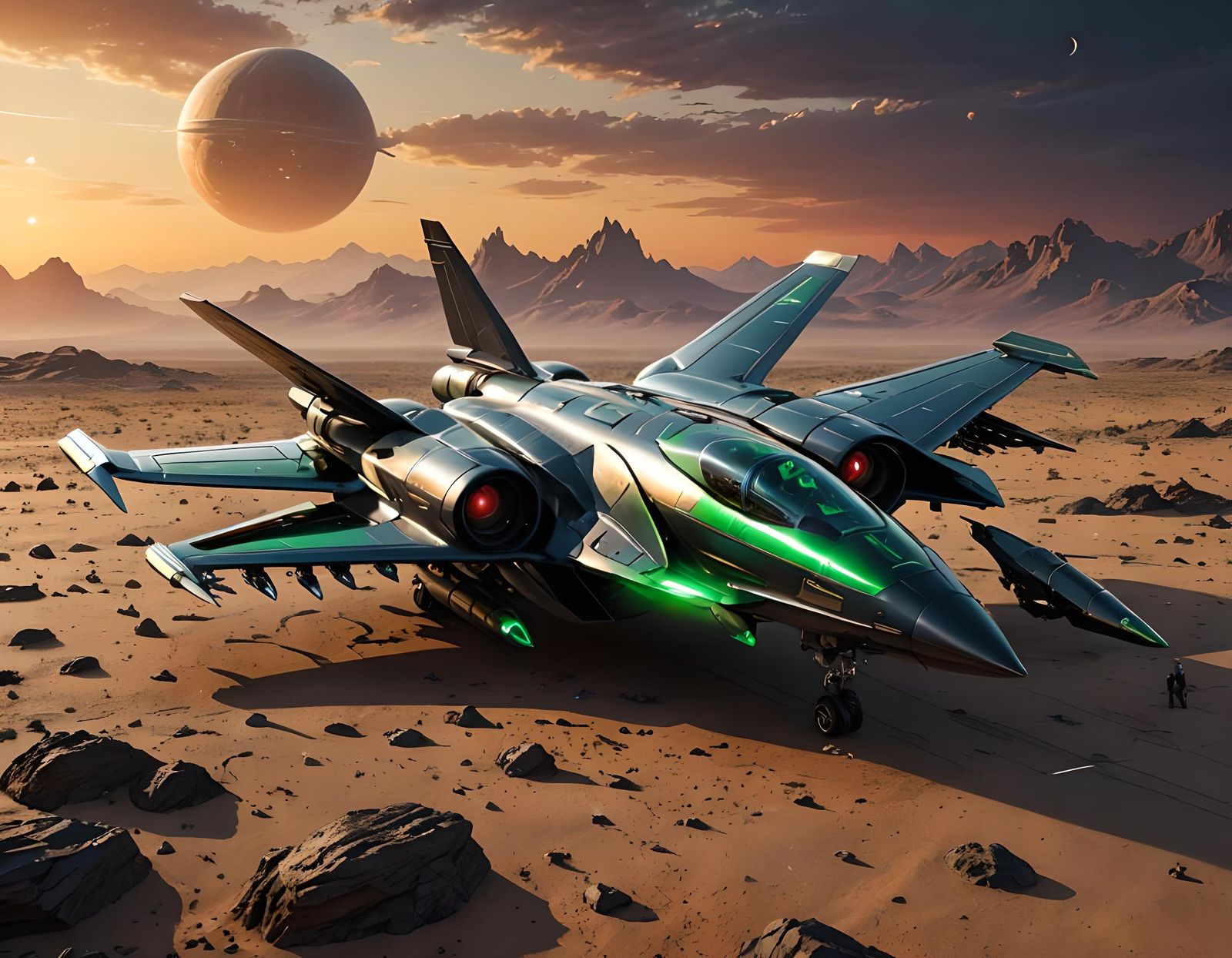 Futuristic Space Plane on Alien Planet at Sunset
