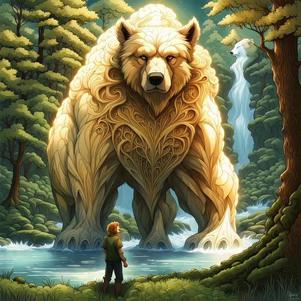 Wizard Taming Giant Bear-Wolf with Magic in Forest