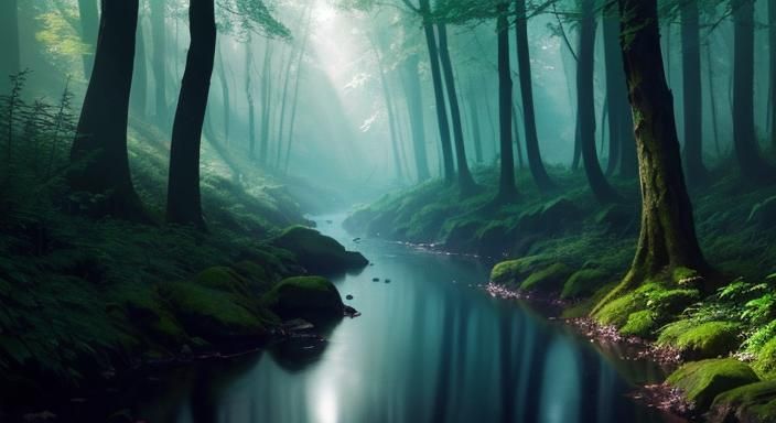 Majestic Creek in Woods, Hyperrealistic Fantasy Art