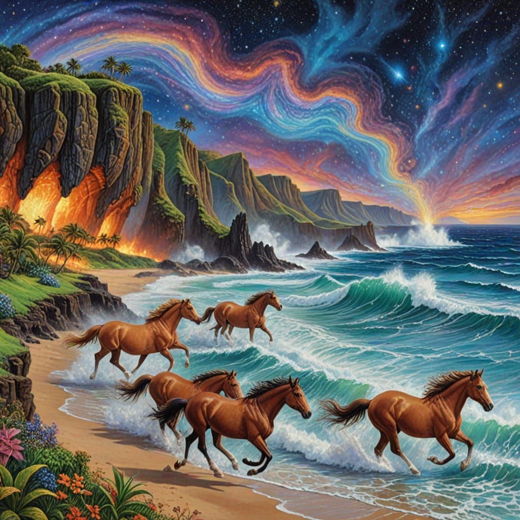Horses Gallop Under Cosmic Sky on Hawaiian Coast