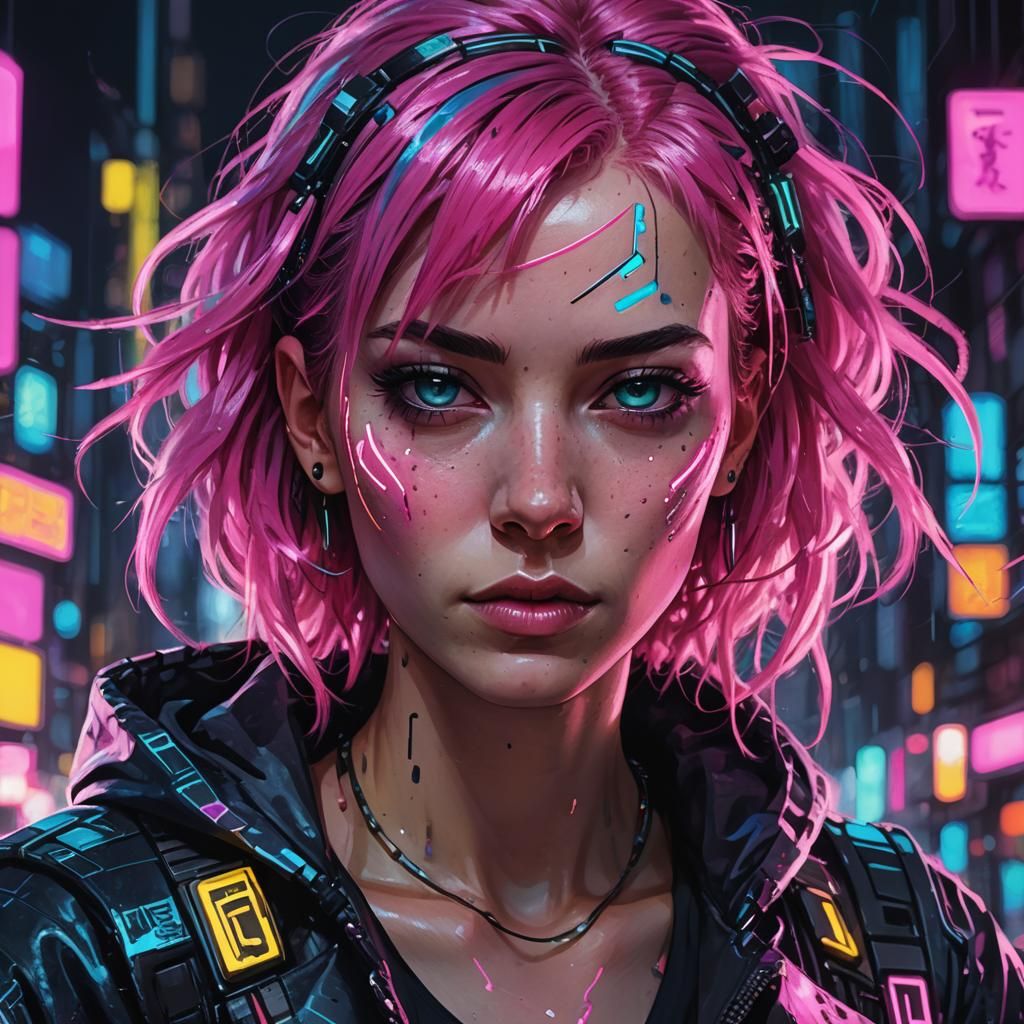 Cyberpunk Girl Painting in Neon Metropolis