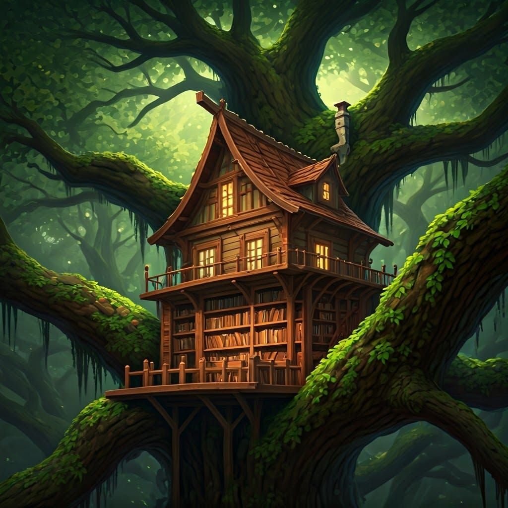 Cozy Whimsical Treehouse Library in Rustic Wooden Style