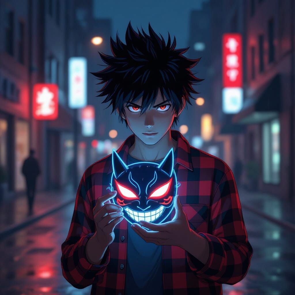 Man Holds Glowing Oni Mask on Wet City Street