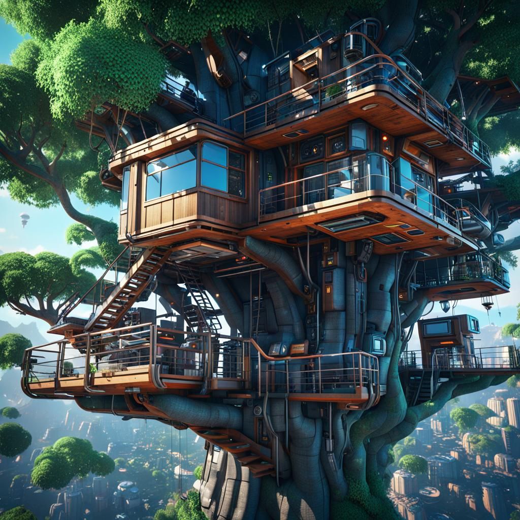 view of a tree house full of cutting-edge technological devi...