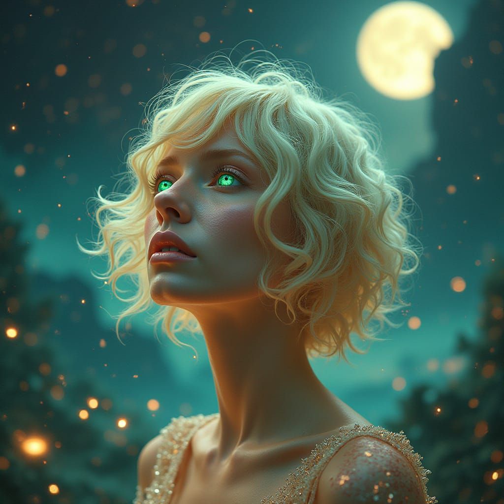 Astral Visions: Woman in Holographic Cosmic Scene