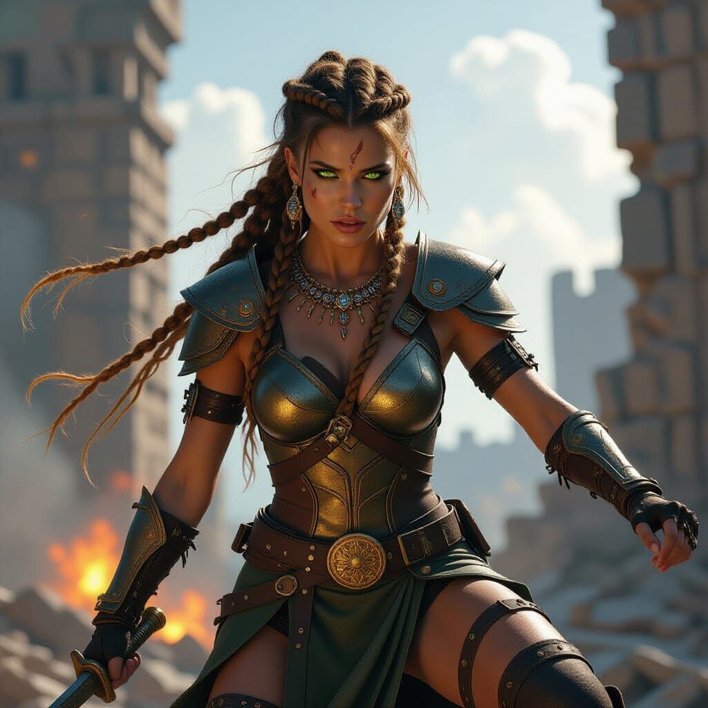 Battle-Scarred Warrior Queen in Dramatic Lighting