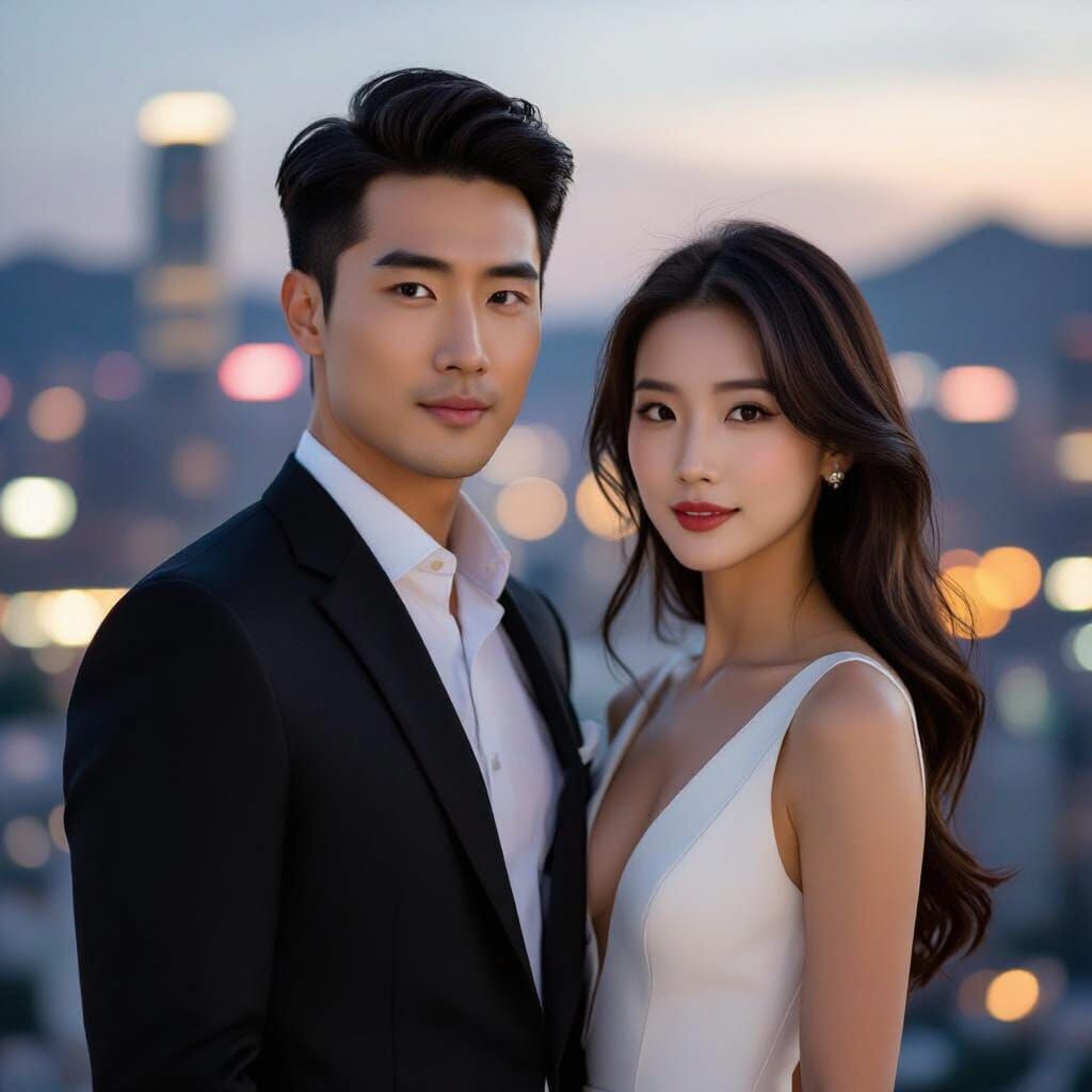 Elegant Couple in Stylish Attire Amidst City Lights