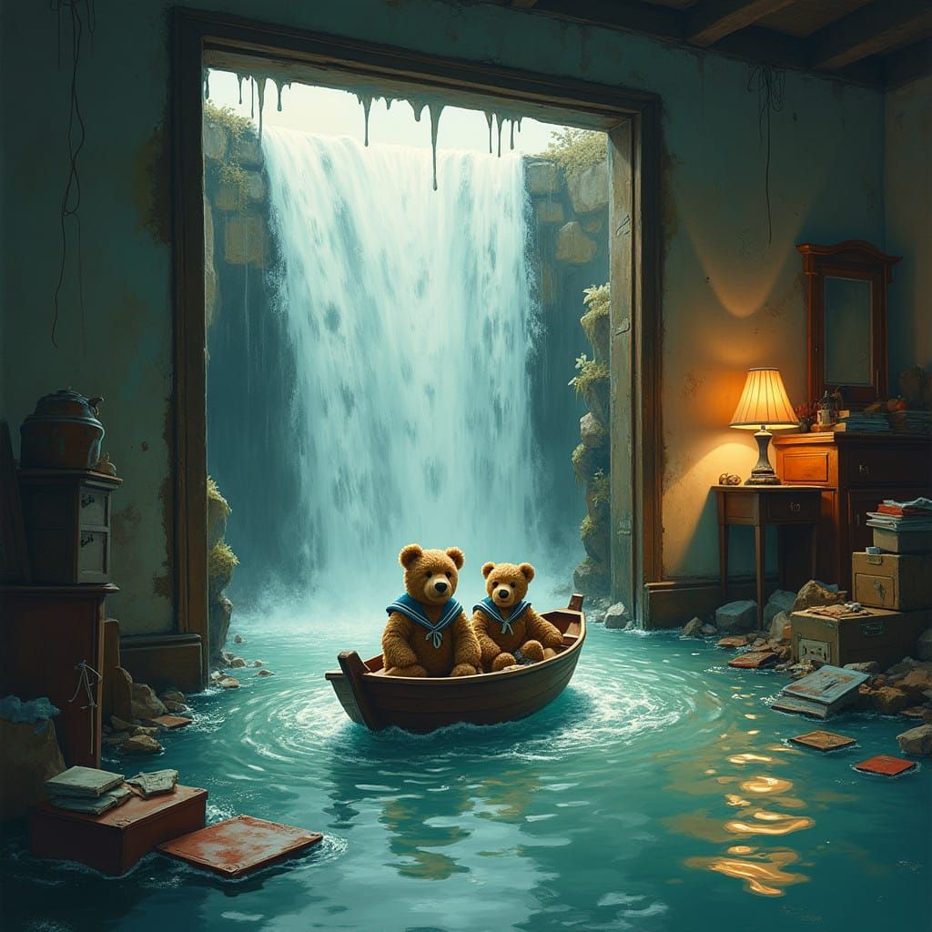 Whimsical Bears Sail Through Shattered Window Waterfall