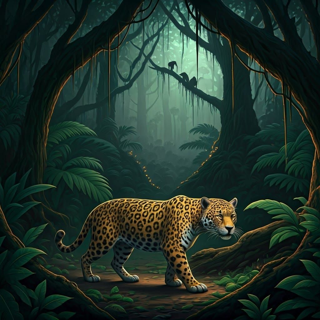 Jaguar Stalking Prey in a Luminescent Rainforest