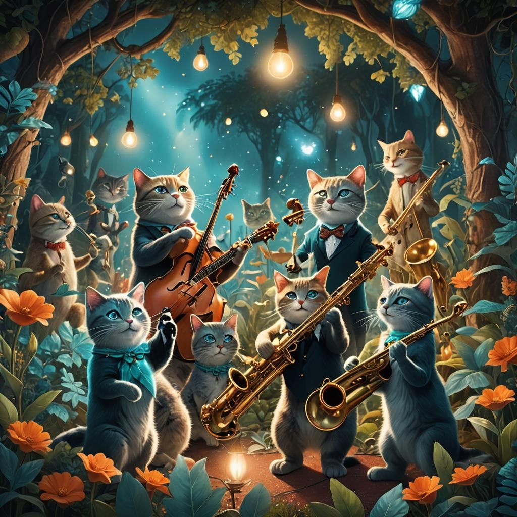 Anthropomorphic Cats Jazzband on Dreamlike Stage