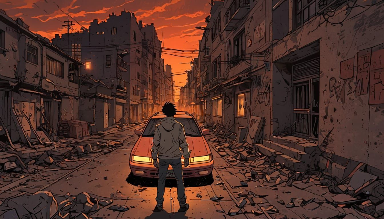 War-Torn Cityscape in Gritty Manga Style