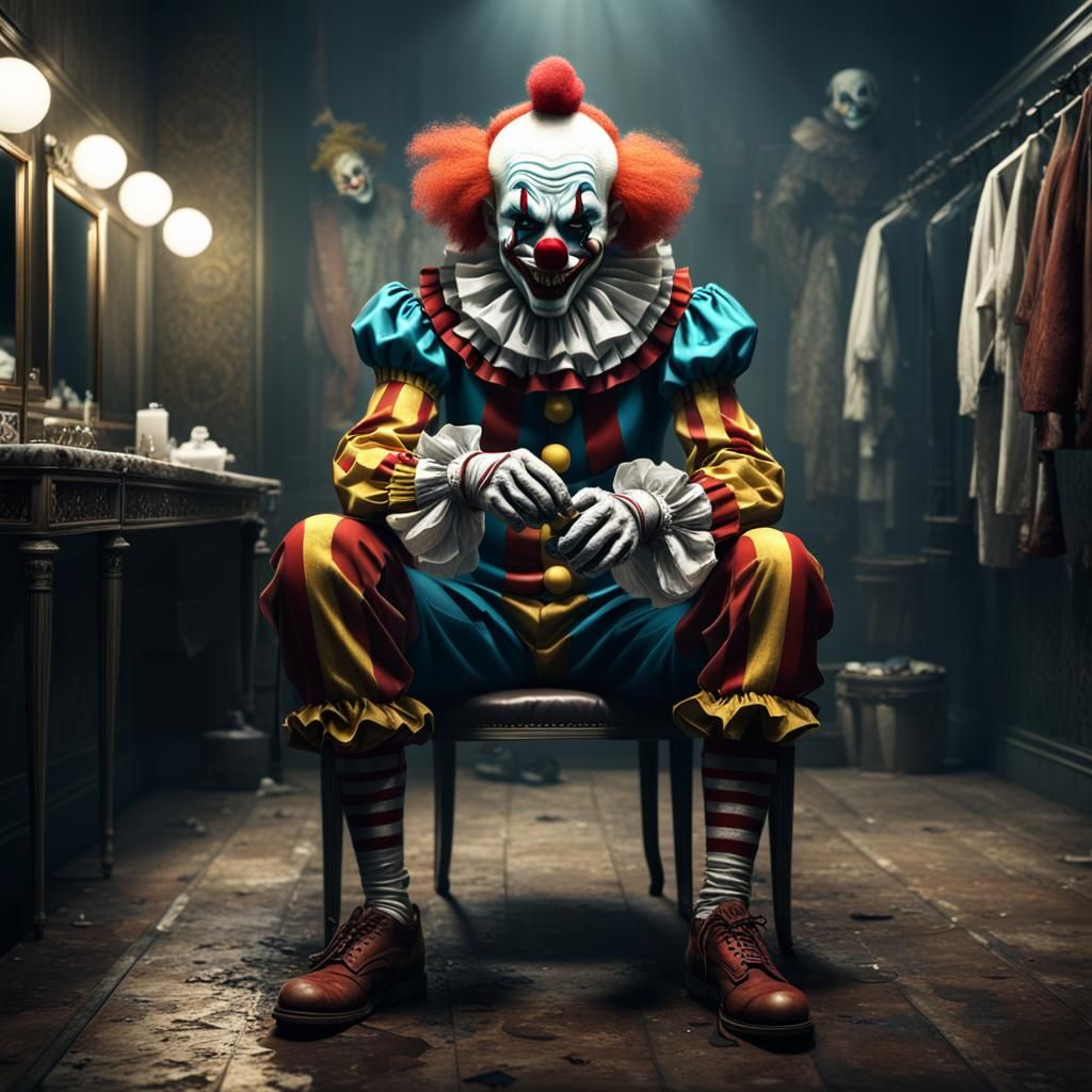 Sad Clown with Smiling Mask, Detailed Matte Painting