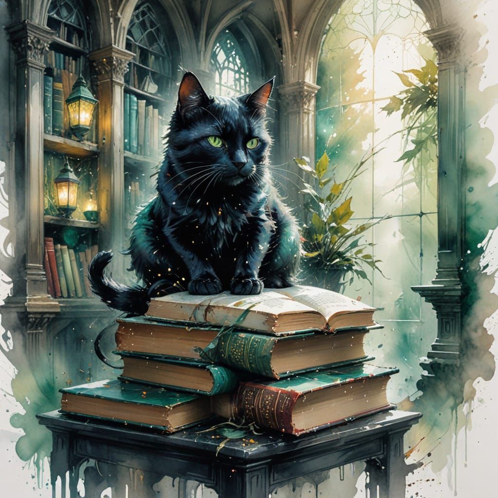 Library Cat in Watercolor Style