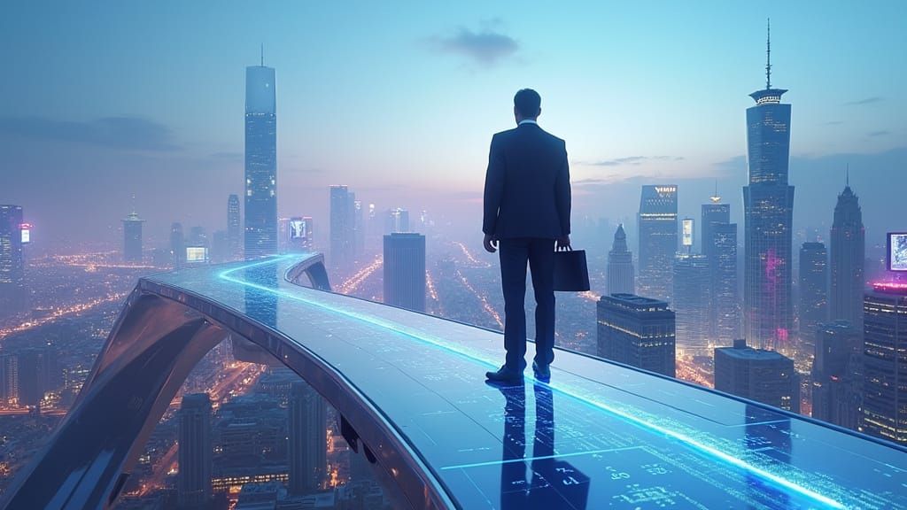 Businessman at the Apex of Futuristic Cityscape