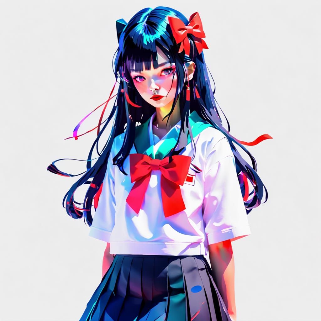 Surreal Japanese Schoolgirl in Neon Uniform