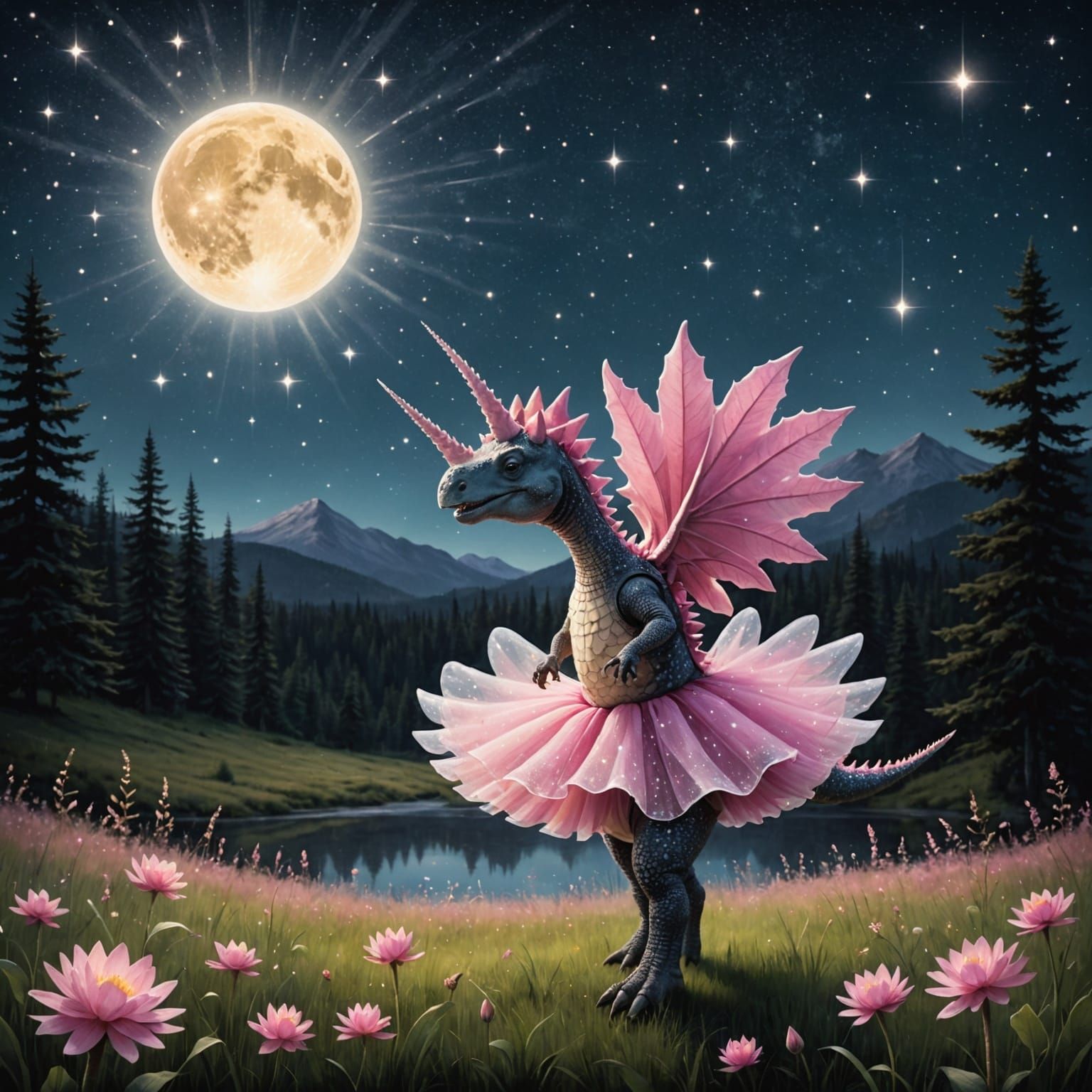 A whimsical stegosaurus wearing a frilly pink ballet tutu, g...