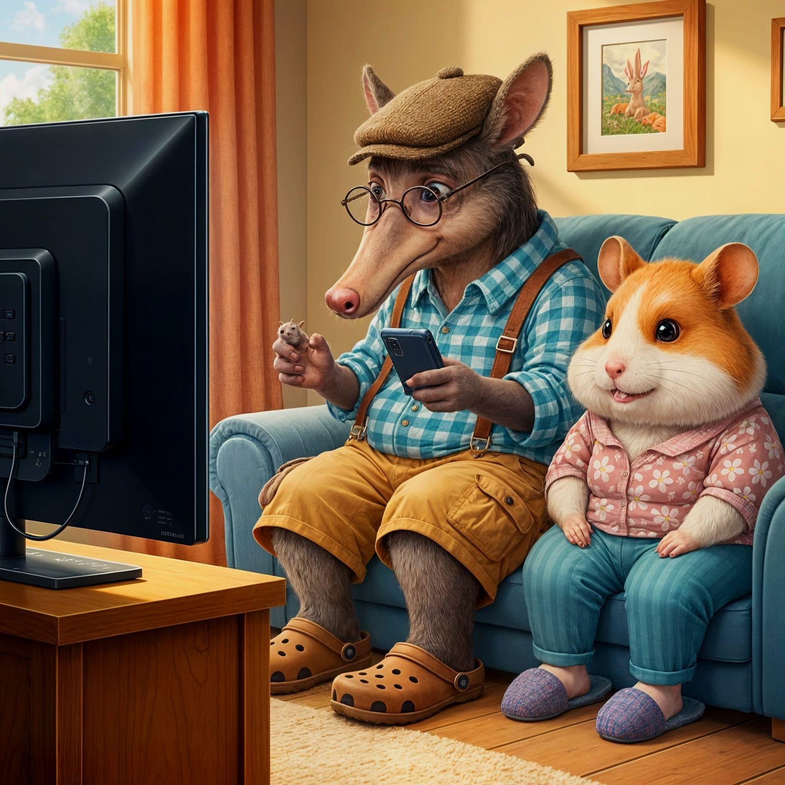 Aardvark and Hamster Enjoying a Smart TV Movie Night