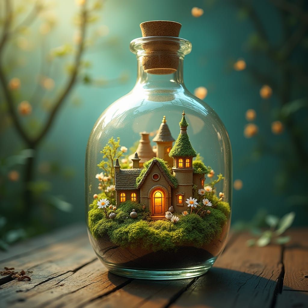 Miniature World in Glass Bottle with Glowing Accents