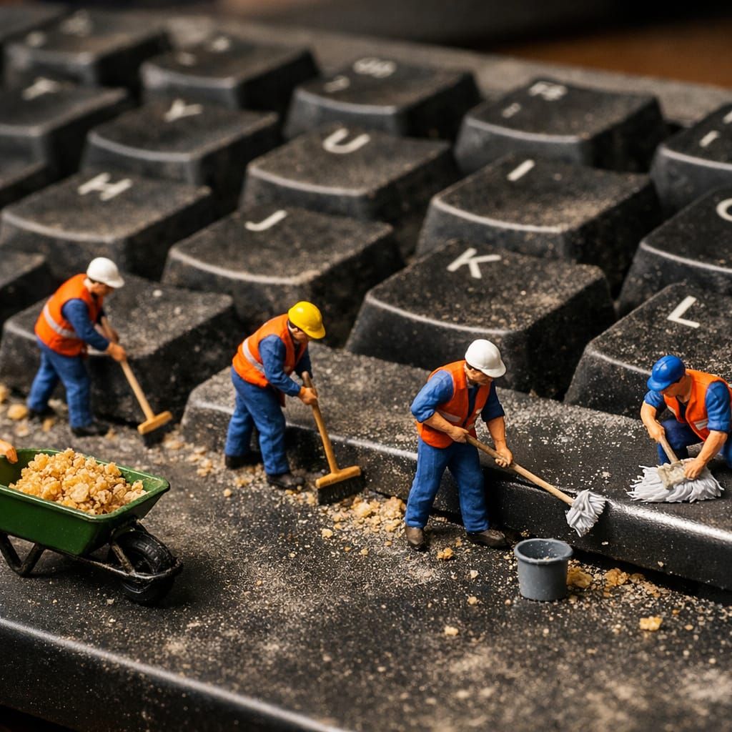 Tiny Workers Cleaning a Giant Dusty Keyboard