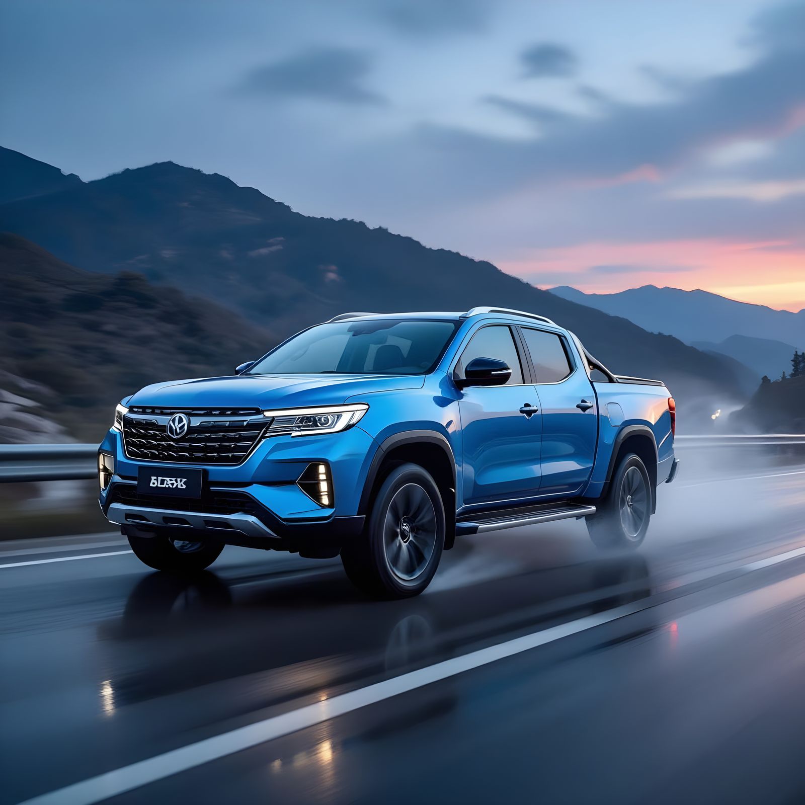 Blue Great Wall Pickup Truck Speeds on Wet Asphalt