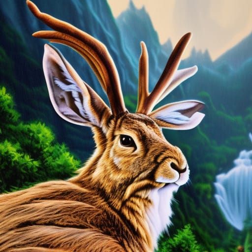 Hyperrealistic Jackalope by Waterfall: Splash Art