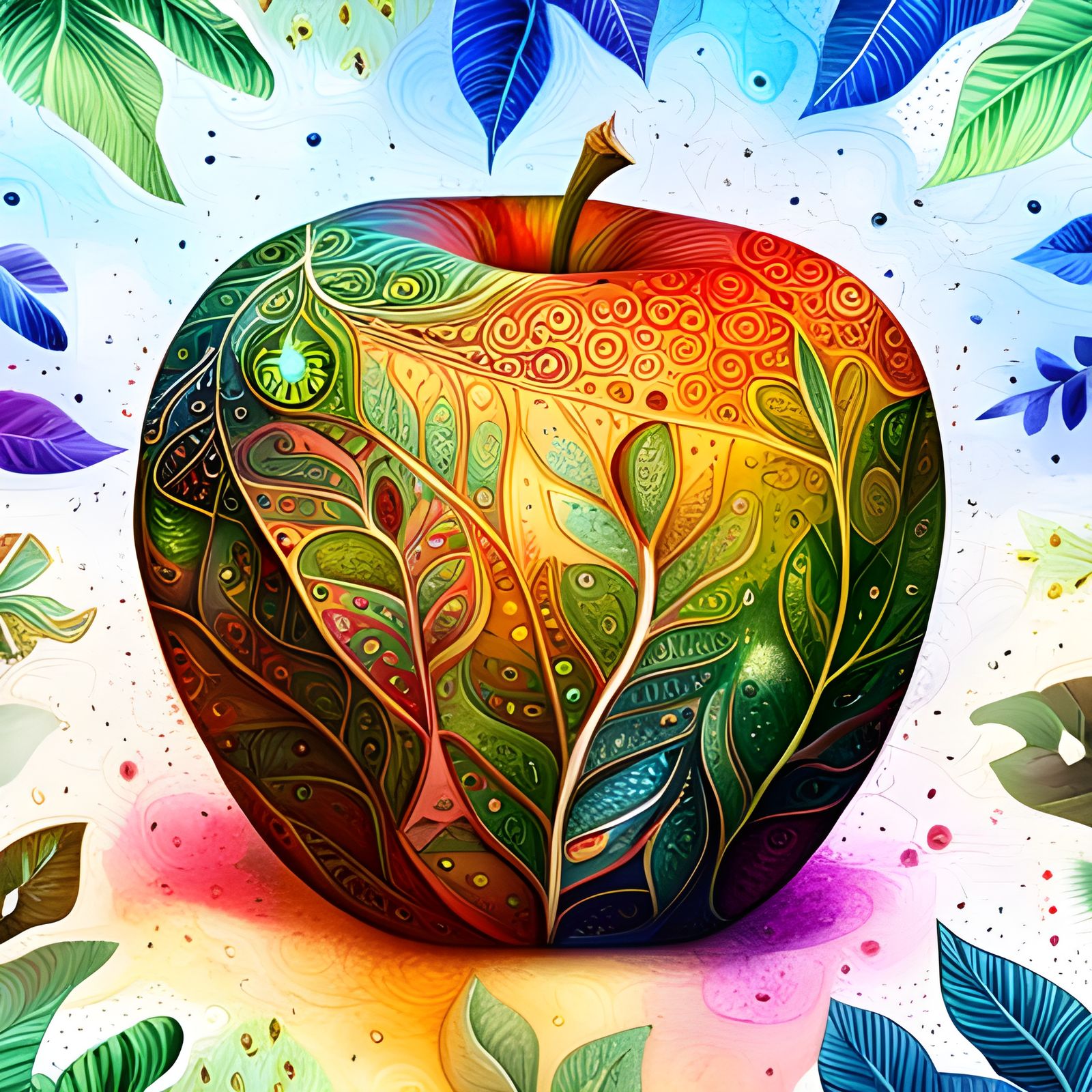 Geometric Apple in Magical Forest, Abstract Art