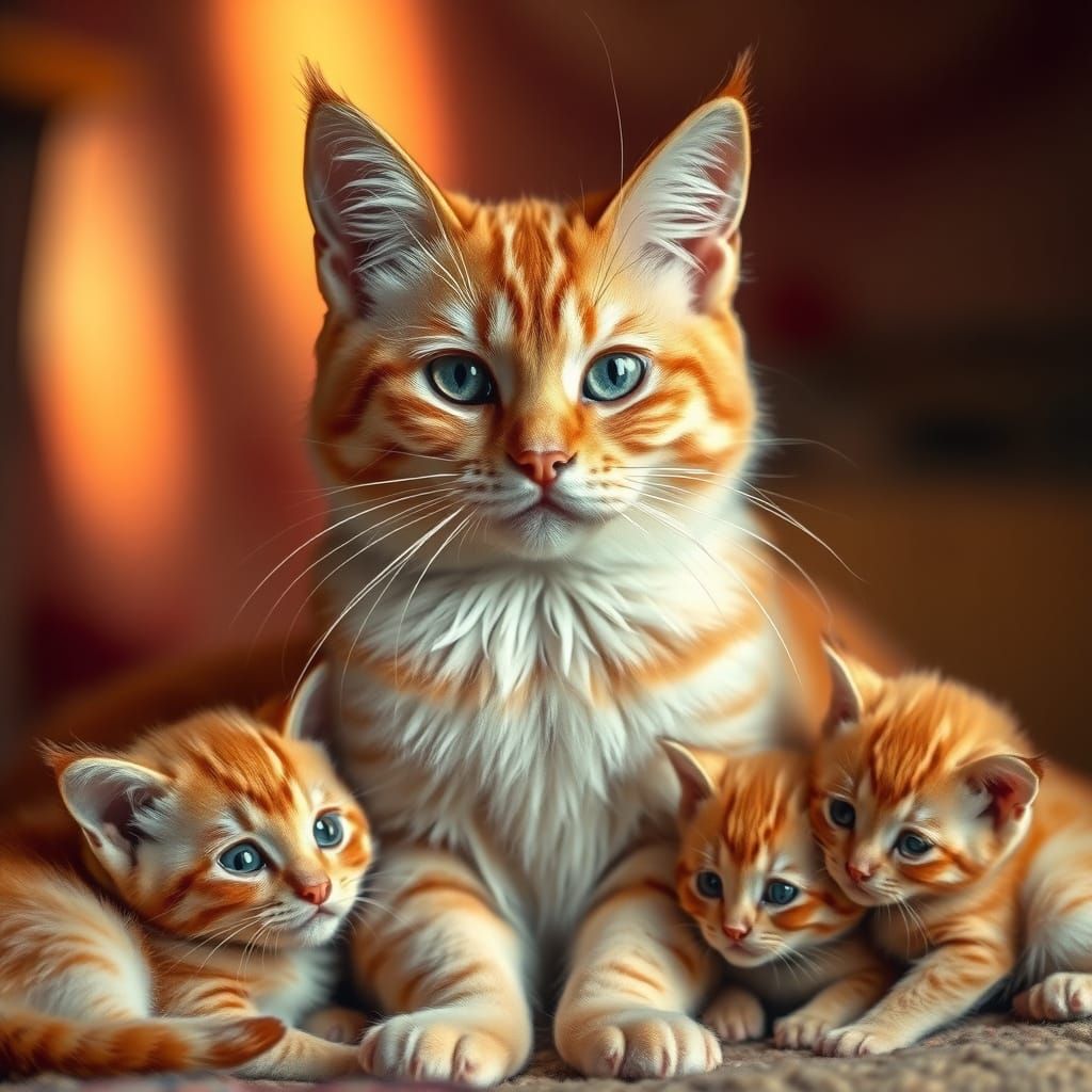 Cozy Peach Cat Family in Warm, Vibrant Fantasy Home